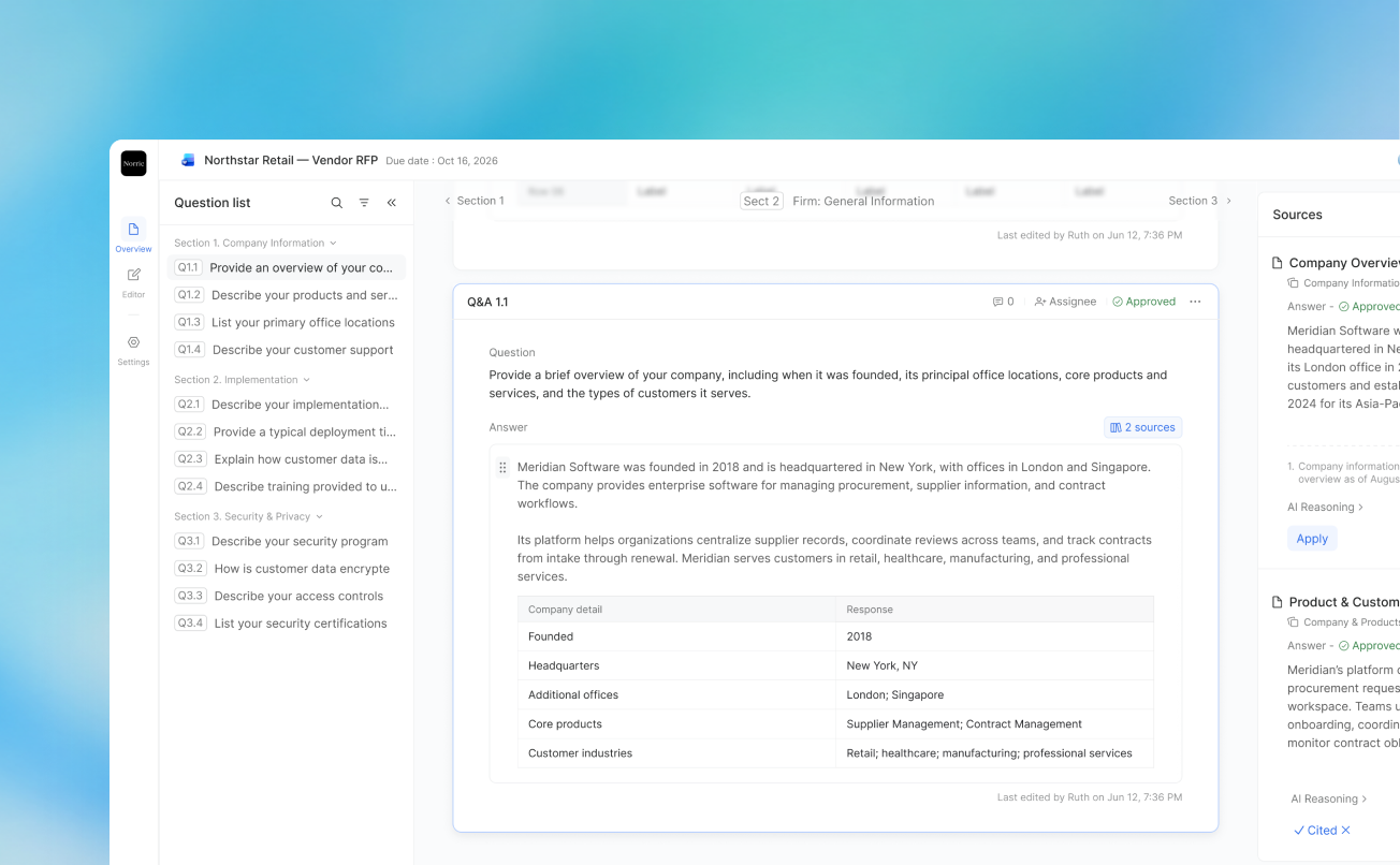 Estra workspace showing question list, answer editor, and sources