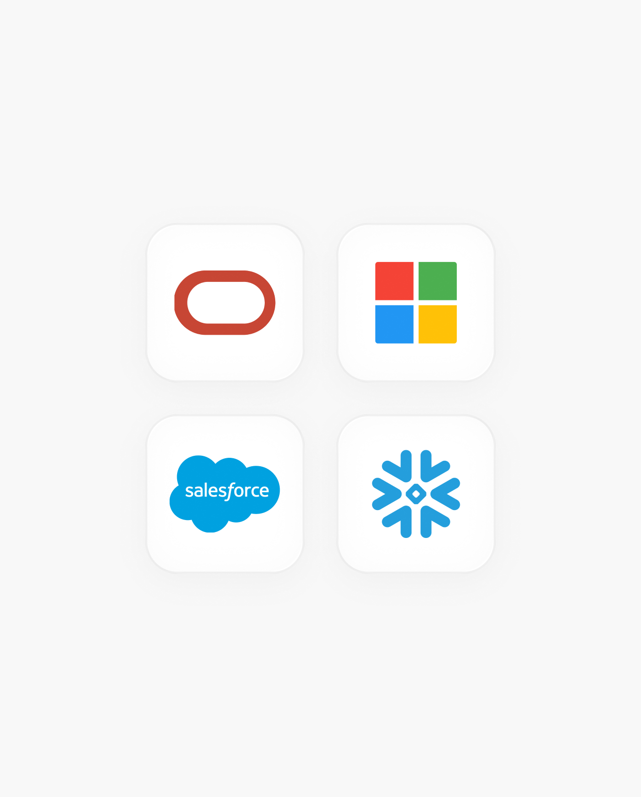Enterprise integration logos including Oracle, Microsoft, Salesforce, and Snowflake